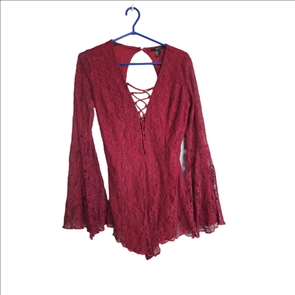 ❤️ Forever 21 Red Lace Romper / Skort Dress – Babydoll Style w/ Corset Detail |